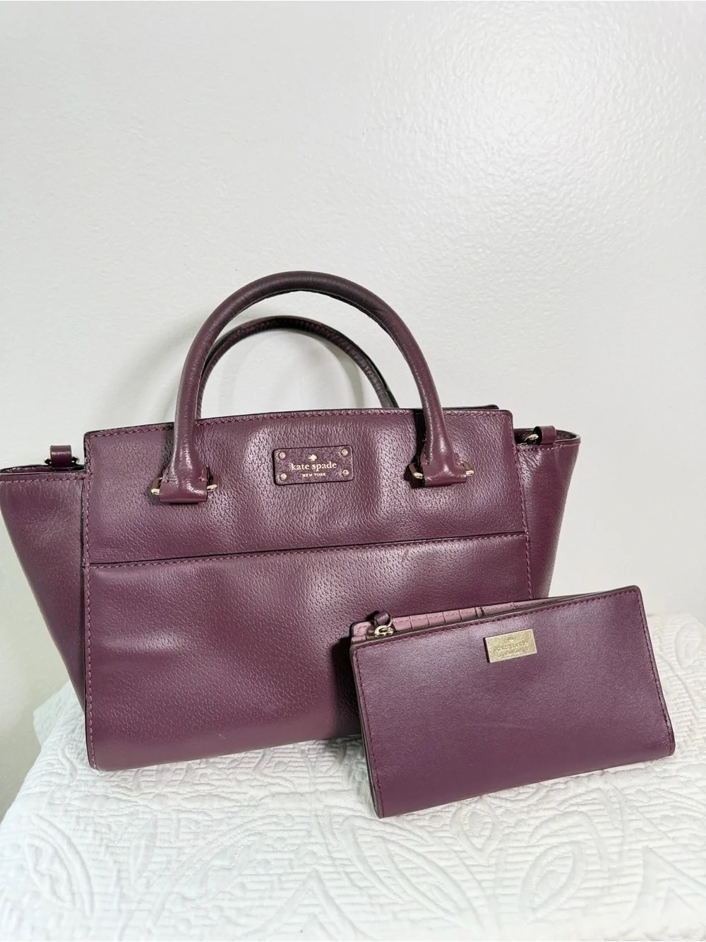 Kate Spade New York Burgundy Leather Satchel Bag & Wallet Set